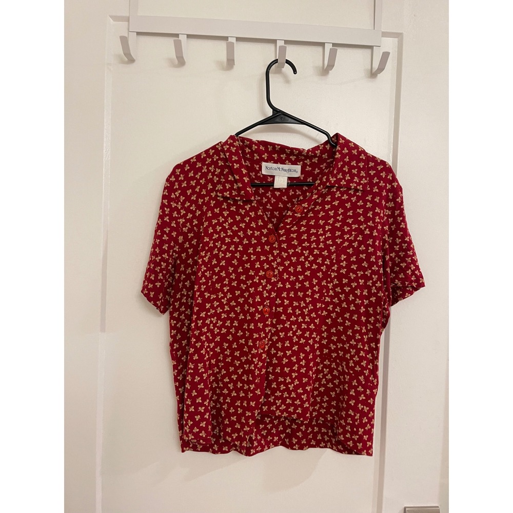 Vintage 90s Floral Red Button‎ Up Blouse Casual Business Cottagecore GrandmaCore